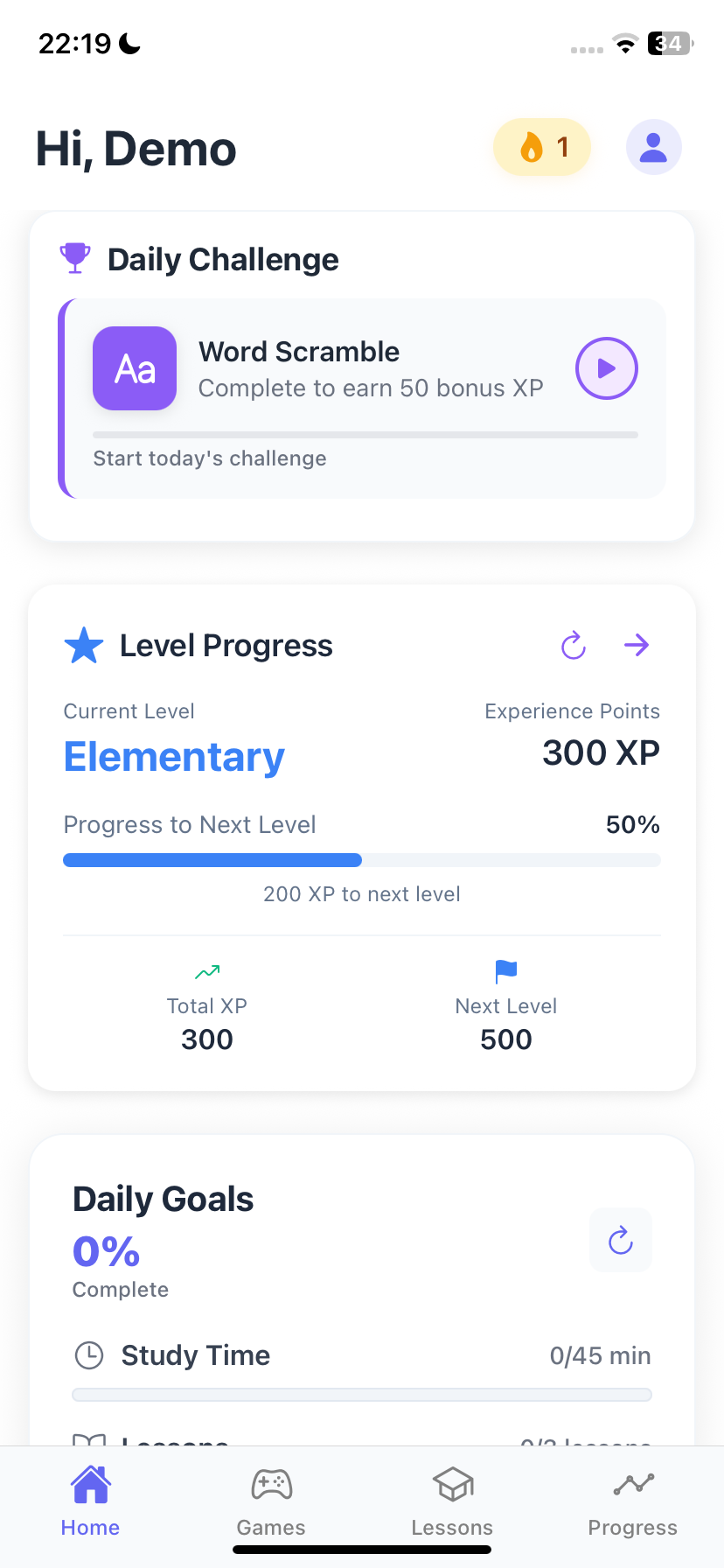 UniLingo Dashboard - Personalized overview with daily goals and progress tracking