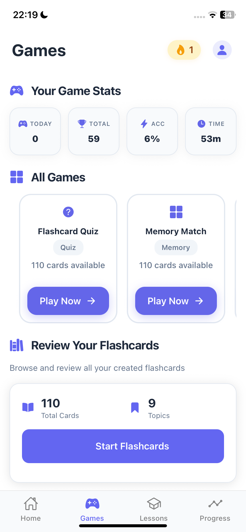 UniLingo Games - Multiple learning games including Flashcard Quiz, Memory Match, and more